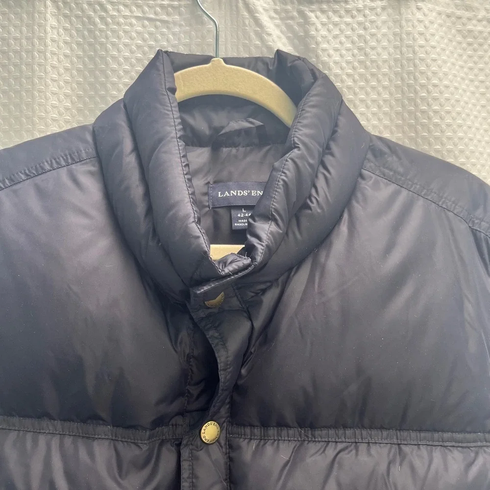 Lands End Mens Down Puffer Vest Navy Blue Quilted Insulated Snap Front L 42-44